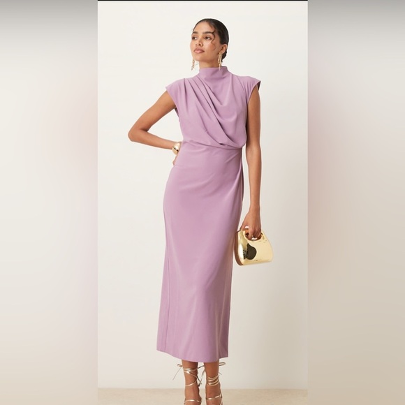 ASOS DESIGN high neck sleeveless midi dress with draped neck in grape US 8 - Picture 5 of 6